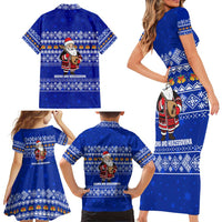 Bosnia and Herzegovina Christmas Family Matching Short Sleeve Bodycon Dress and Hawaiian Shirt with Santa Playing Traditional Instrument and Blue Snowflake Pattern - Wonder Print Shop