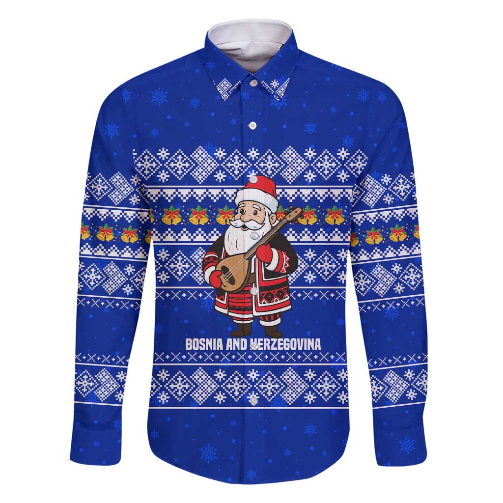 Bosnia and Herzegovina Christmas Family Matching Short Sleeve Bodycon Dress and Hawaiian Shirt with Santa Playing Traditional Instrument and Blue Snowflake Pattern - Wonder Print Shop