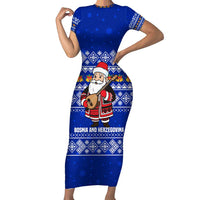 Bosnia and Herzegovina Christmas Family Matching Short Sleeve Bodycon Dress and Hawaiian Shirt with Santa Playing Traditional Instrument and Blue Snowflake Pattern - Wonder Print Shop