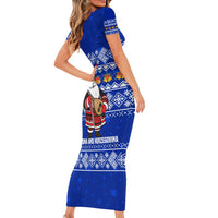 Bosnia and Herzegovina Christmas Family Matching Short Sleeve Bodycon Dress and Hawaiian Shirt with Santa Playing Traditional Instrument and Blue Snowflake Pattern - Wonder Print Shop