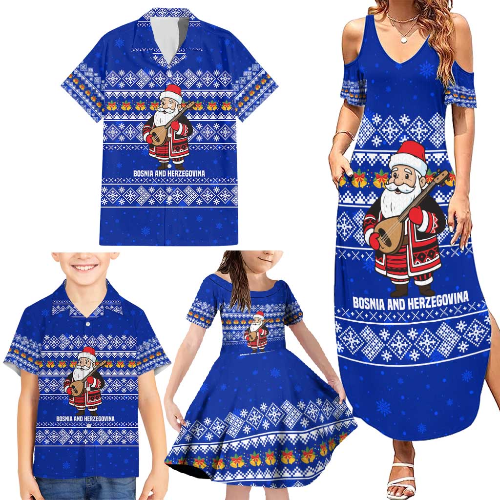 Bosnia and Herzegovina Christmas Family Matching Summer Maxi Dress and Hawaiian Shirt with Santa Playing Traditional Instrument and Blue Snowflake Pattern - Wonder Print Shop