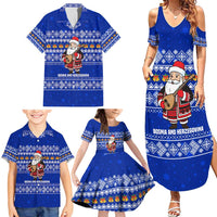 Bosnia and Herzegovina Christmas Family Matching Summer Maxi Dress and Hawaiian Shirt with Santa Playing Traditional Instrument and Blue Snowflake Pattern - Wonder Print Shop