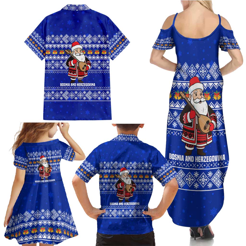 Bosnia and Herzegovina Christmas Family Matching Summer Maxi Dress and Hawaiian Shirt with Santa Playing Traditional Instrument and Blue Snowflake Pattern - Wonder Print Shop