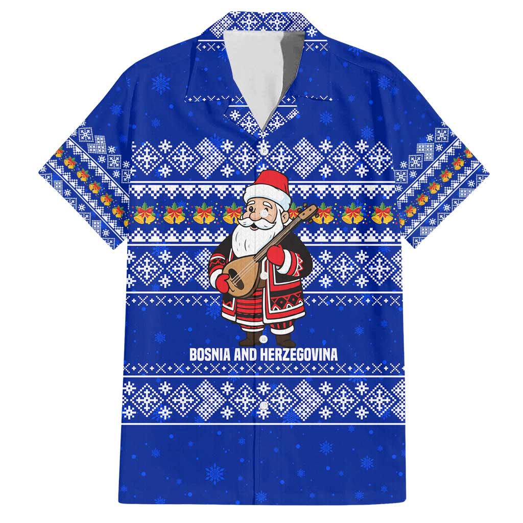 Bosnia and Herzegovina Christmas Family Matching Summer Maxi Dress and Hawaiian Shirt with Santa Playing Traditional Instrument and Blue Snowflake Pattern - Wonder Print Shop