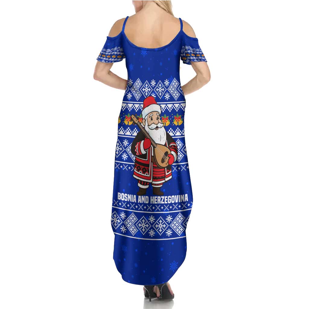 Bosnia and Herzegovina Christmas Family Matching Summer Maxi Dress and Hawaiian Shirt with Santa Playing Traditional Instrument and Blue Snowflake Pattern - Wonder Print Shop