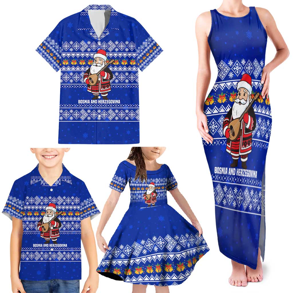 Bosnia and Herzegovina Christmas Family Matching Tank Maxi Dress and Hawaiian Shirt with Santa Playing Traditional Instrument and Blue Snowflake Pattern - Wonder Print Shop