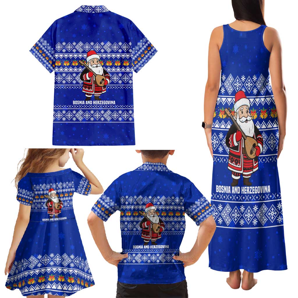 Bosnia and Herzegovina Christmas Family Matching Tank Maxi Dress and Hawaiian Shirt with Santa Playing Traditional Instrument and Blue Snowflake Pattern - Wonder Print Shop