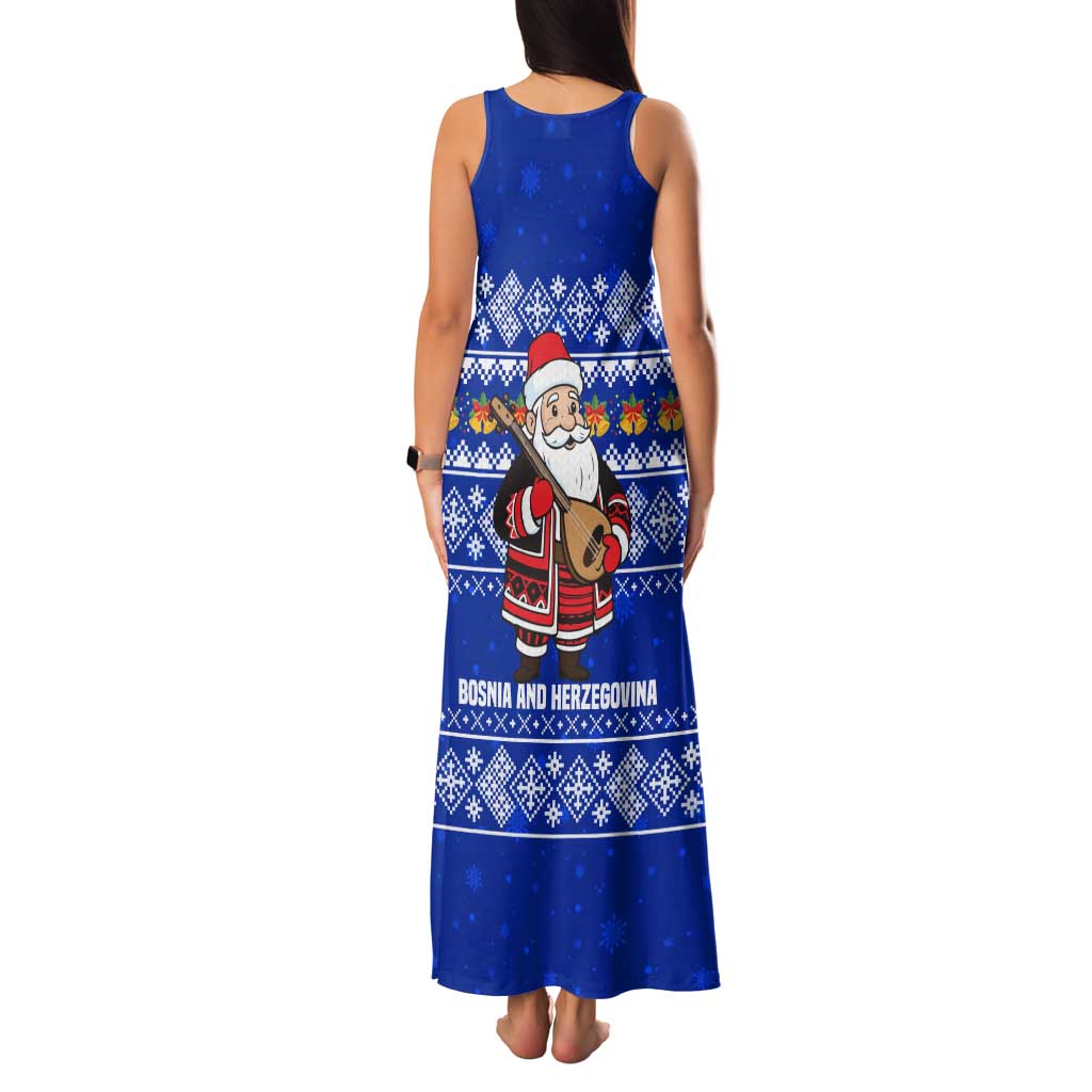 Bosnia and Herzegovina Christmas Family Matching Tank Maxi Dress and Hawaiian Shirt with Santa Playing Traditional Instrument and Blue Snowflake Pattern - Wonder Print Shop