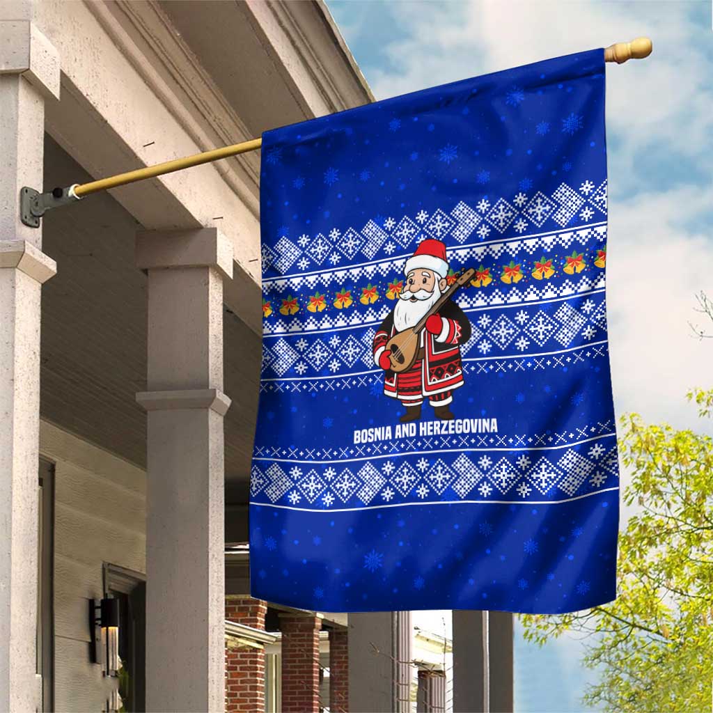 Bosnia and Herzegovina Christmas Garden Flag with Santa Playing Traditional Instrument and Blue Snowflake Pattern - Wonder Print Shop