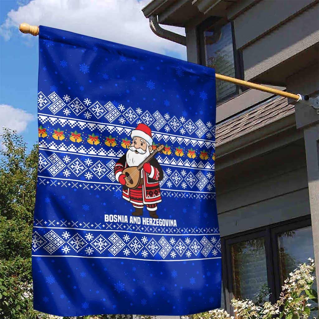 Bosnia and Herzegovina Christmas Garden Flag with Santa Playing Traditional Instrument and Blue Snowflake Pattern - Wonder Print Shop