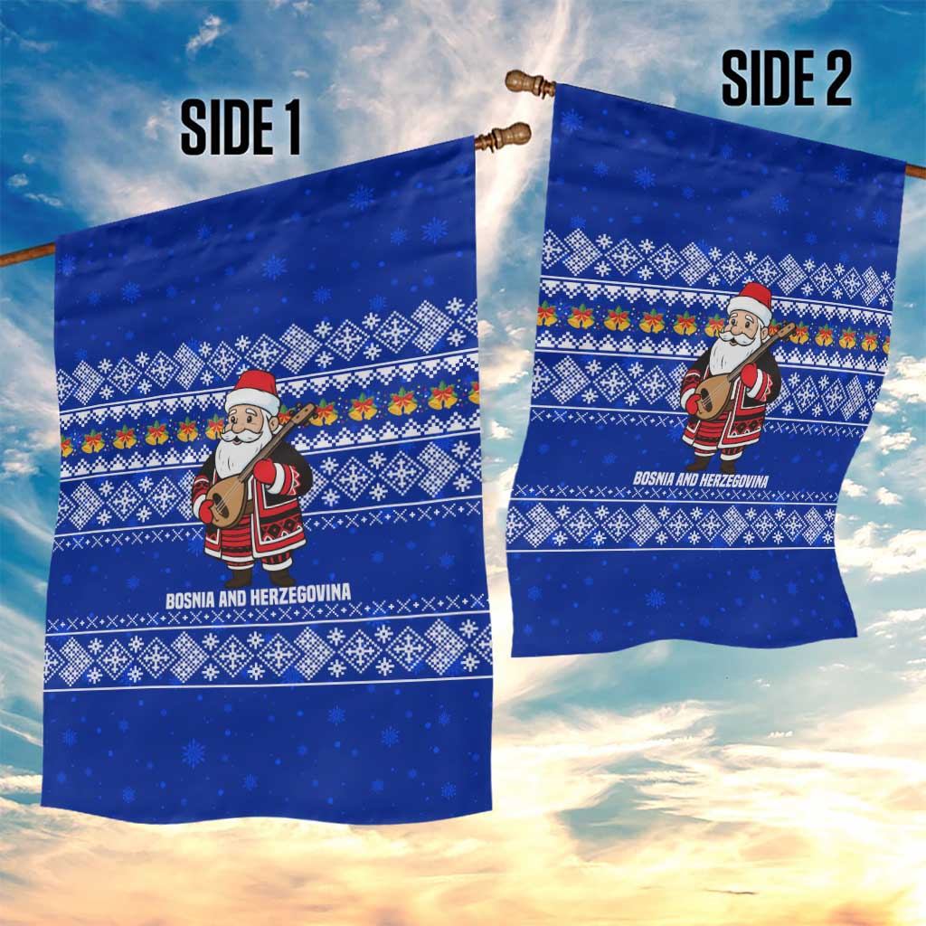 Bosnia and Herzegovina Christmas Garden Flag with Santa Playing Traditional Instrument and Blue Snowflake Pattern - Wonder Print Shop