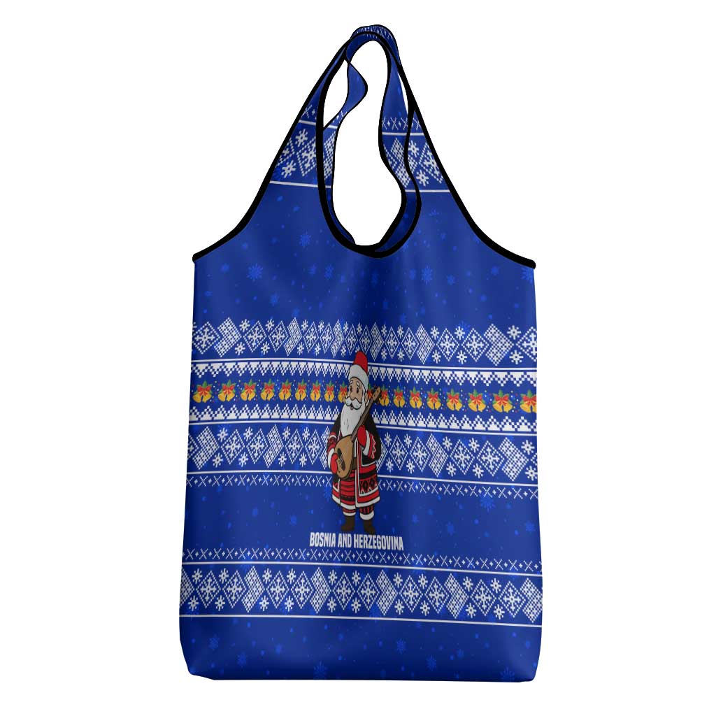 Bosnia and Herzegovina Christmas Grocery Bag with Santa Playing Traditional Instrument and Blue Snowflake Pattern - Wonder Print Shop