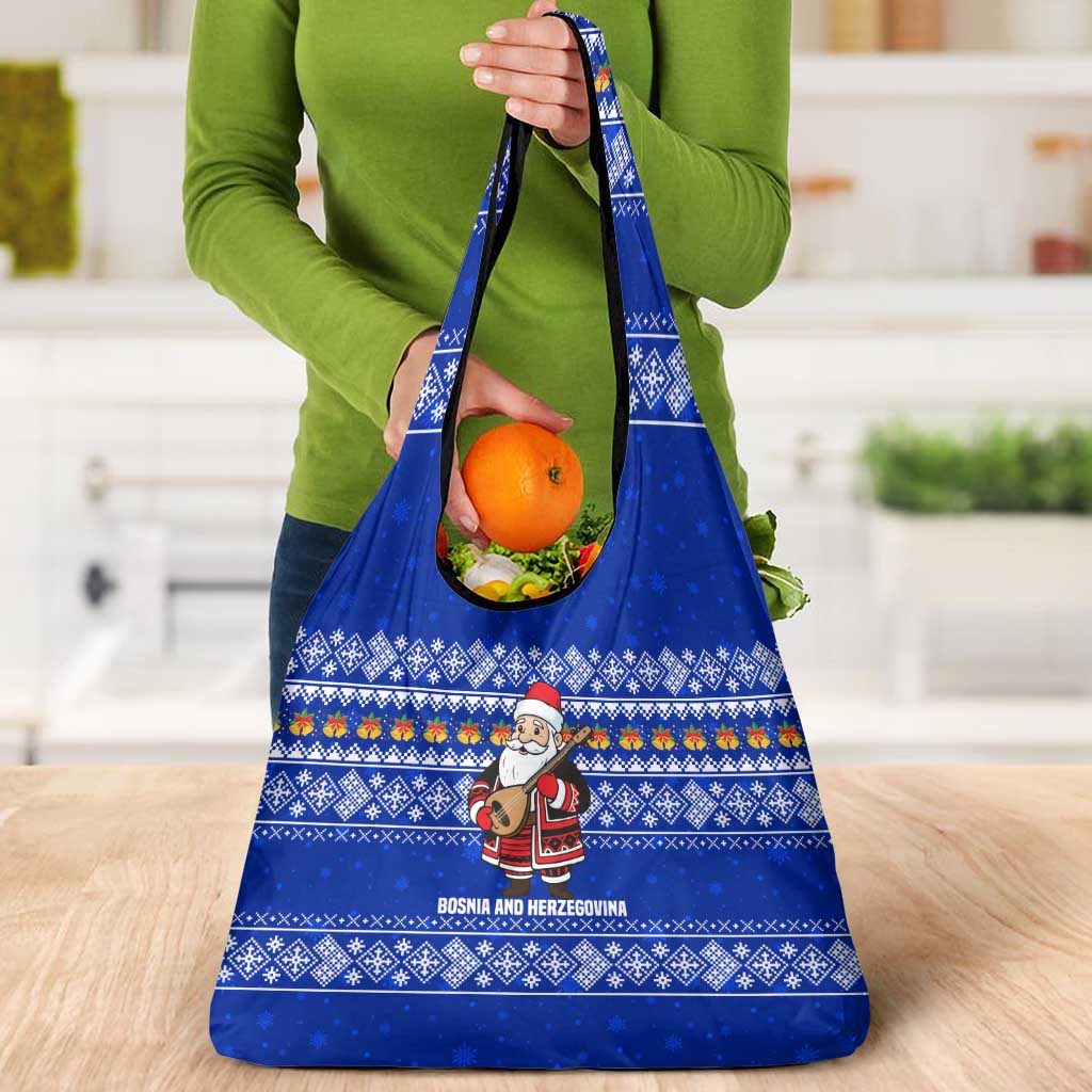 Bosnia and Herzegovina Christmas Grocery Bag with Santa Playing Traditional Instrument and Blue Snowflake Pattern - Wonder Print Shop