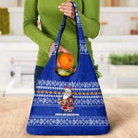 Bosnia and Herzegovina Christmas Grocery Bag with Santa Playing Traditional Instrument and Blue Snowflake Pattern - Wonder Print Shop