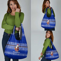 Bosnia and Herzegovina Christmas Grocery Bag with Santa Playing Traditional Instrument and Blue Snowflake Pattern - Wonder Print Shop