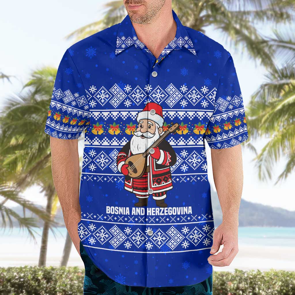 Bosnia and Herzegovina Christmas Hawaiian Shirt with Santa Playing Traditional Instrument and Blue Snowflake Pattern - Wonder Print Shop
