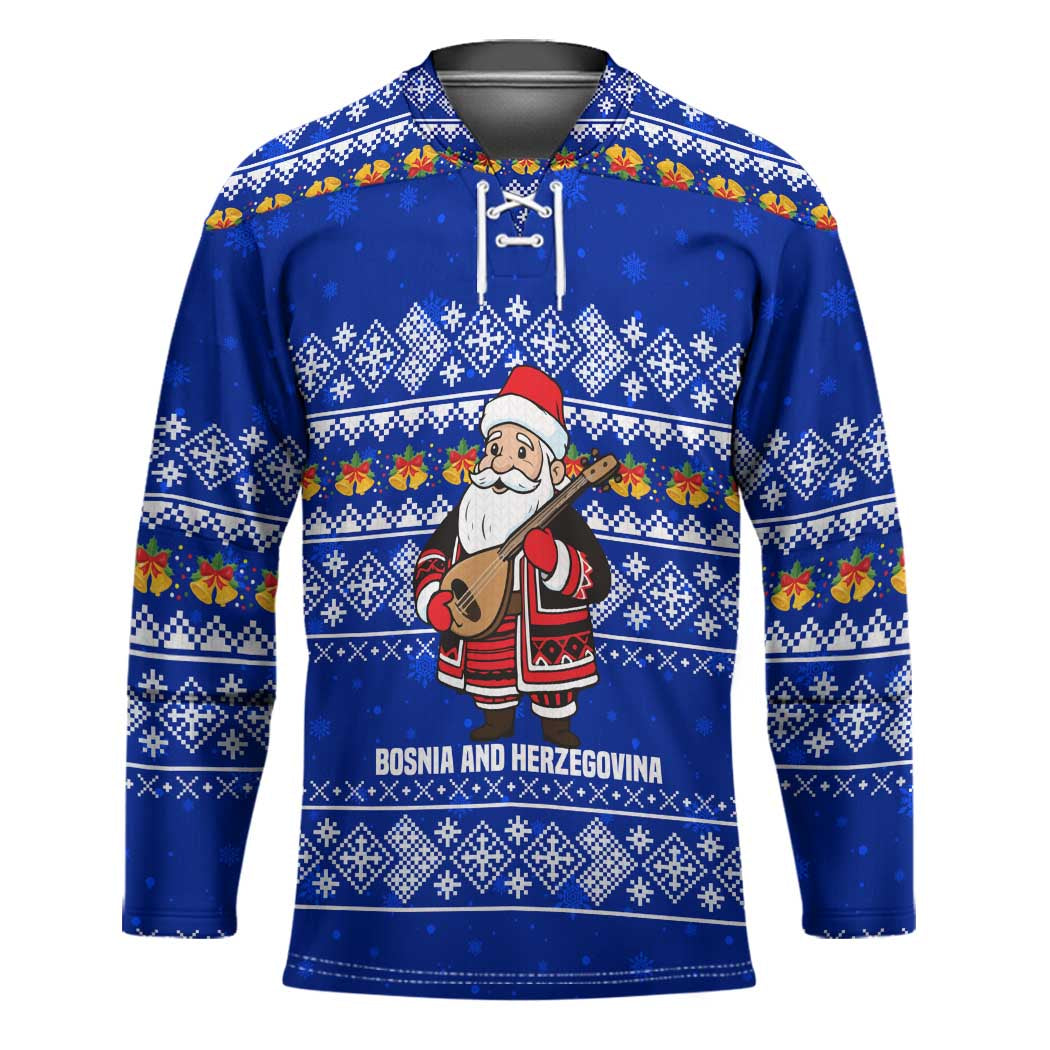 Bosnia and Herzegovina Christmas Hockey Jersey with Santa Playing Traditional Instrument and Blue Snowflake Pattern - Wonder Print Shop