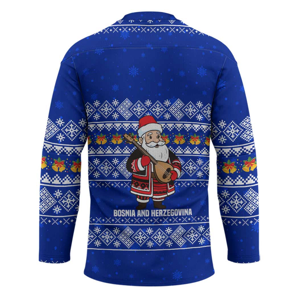 Bosnia and Herzegovina Christmas Hockey Jersey with Santa Playing Traditional Instrument and Blue Snowflake Pattern - Wonder Print Shop