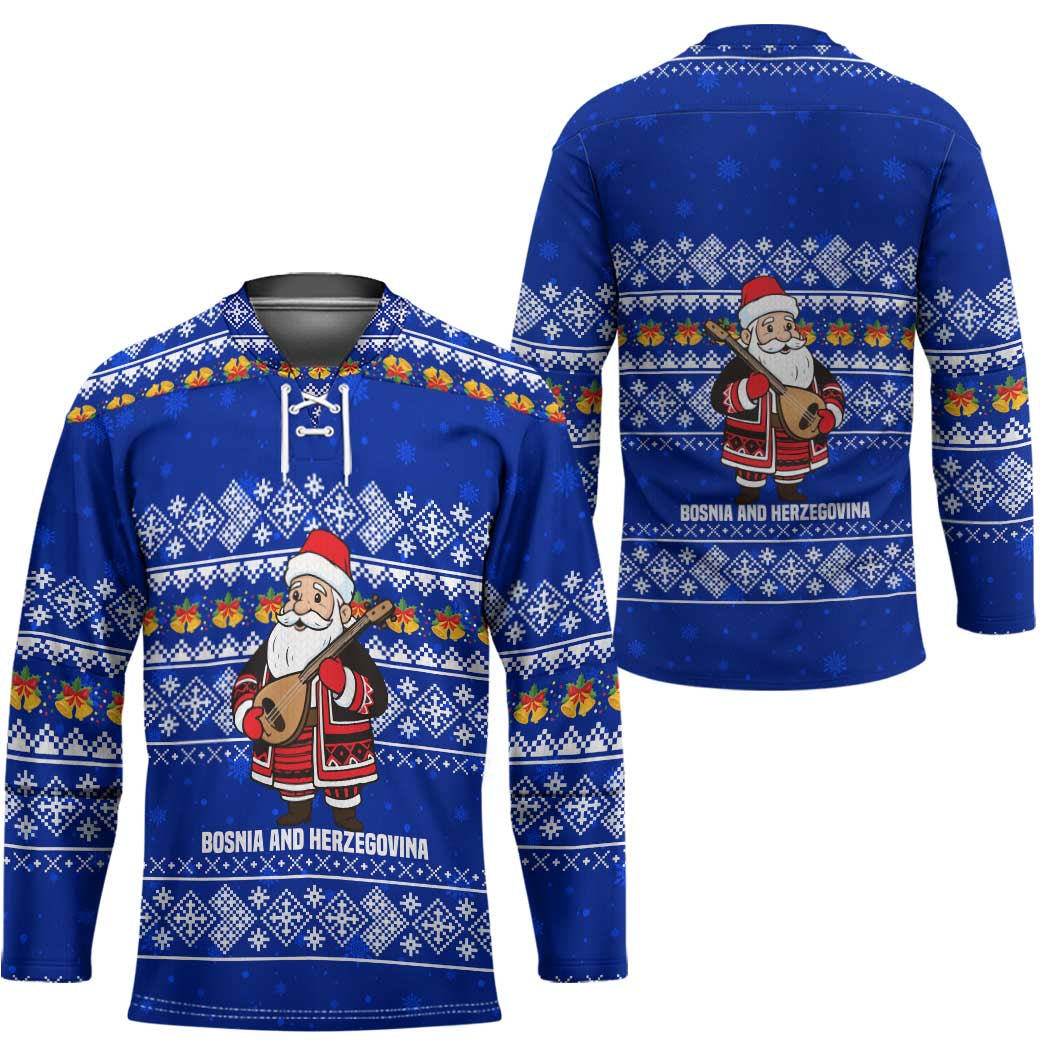 Bosnia and Herzegovina Christmas Hockey Jersey with Santa Playing Traditional Instrument and Blue Snowflake Pattern - Wonder Print Shop