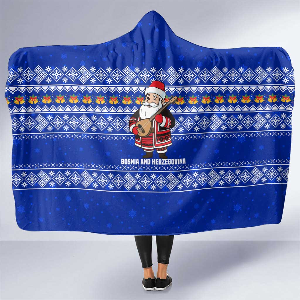 Bosnia and Herzegovina Christmas Hooded Blanket with Santa Playing Traditional Instrument and Blue Snowflake Pattern - Wonder Print Shop
