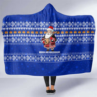 Bosnia and Herzegovina Christmas Hooded Blanket with Santa Playing Traditional Instrument and Blue Snowflake Pattern - Wonder Print Shop