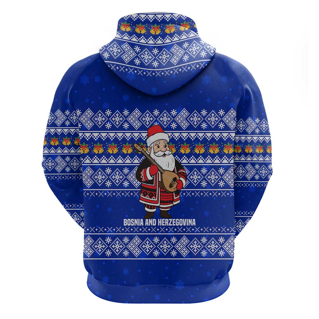 Bosnia and Herzegovina Christmas Hoodie with Santa Playing Traditional Instrument and Blue Snowflake Pattern - Wonder Print Shop