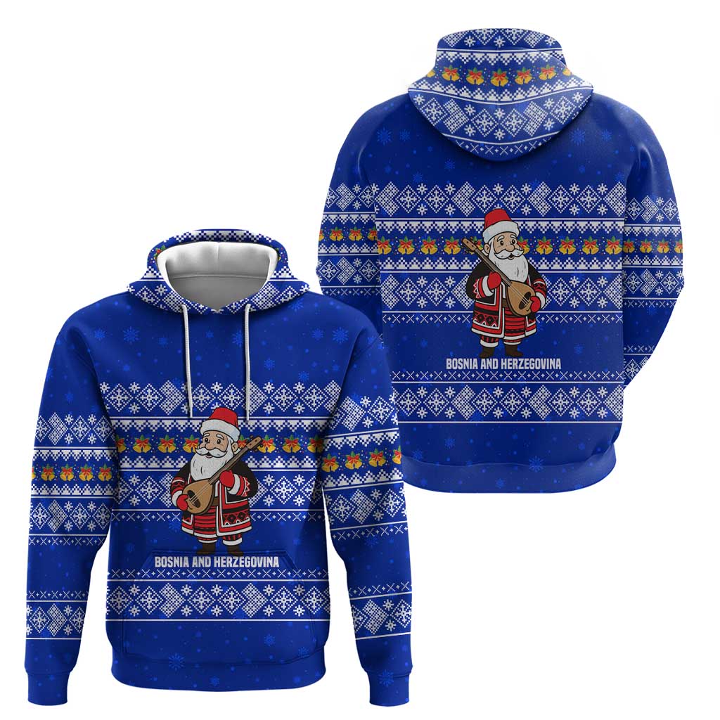 Bosnia and Herzegovina Christmas Hoodie with Santa Playing Traditional Instrument and Blue Snowflake Pattern - Wonder Print Shop