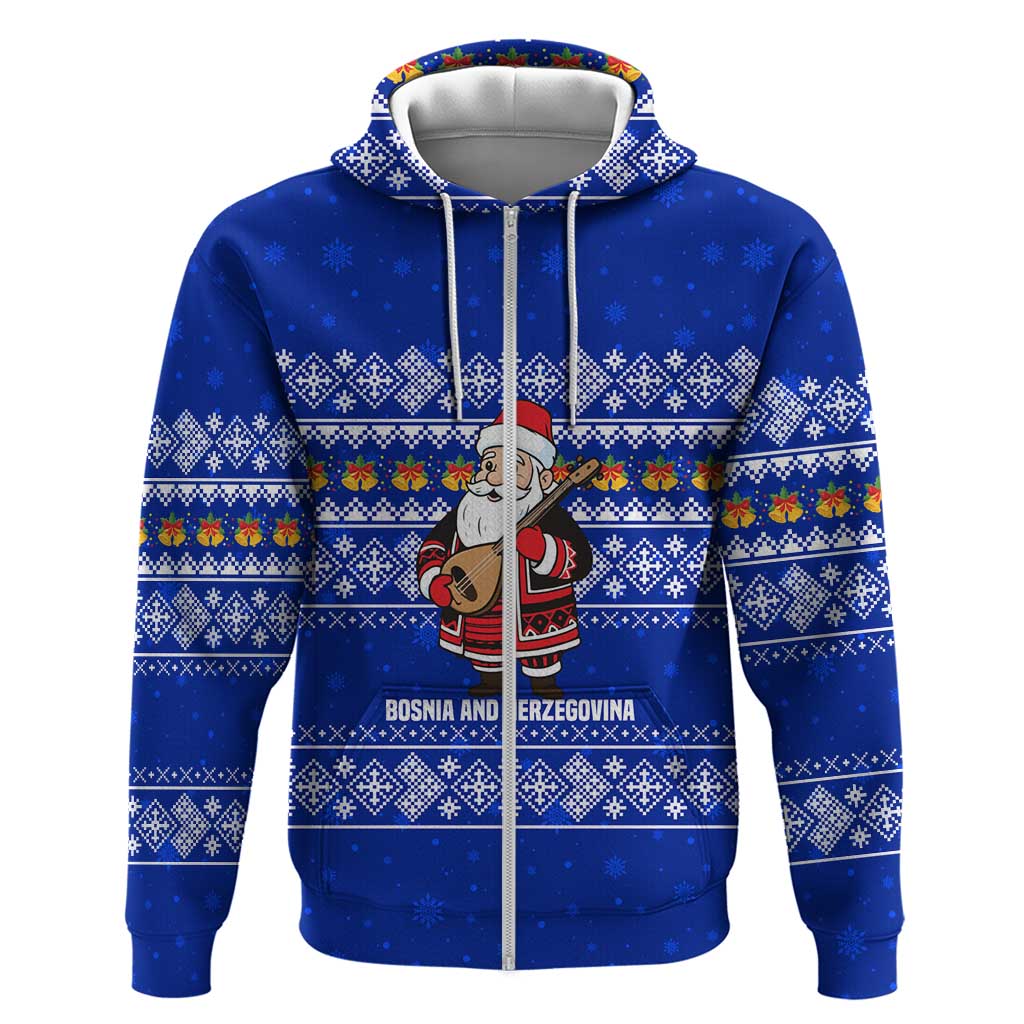 Bosnia and Herzegovina Christmas Hoodie with Santa Playing Traditional Instrument and Blue Snowflake Pattern - Wonder Print Shop