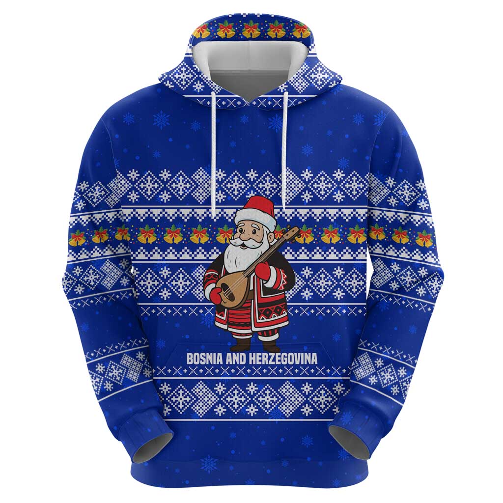 Bosnia and Herzegovina Christmas Hoodie with Santa Playing Traditional Instrument and Blue Snowflake Pattern - Wonder Print Shop