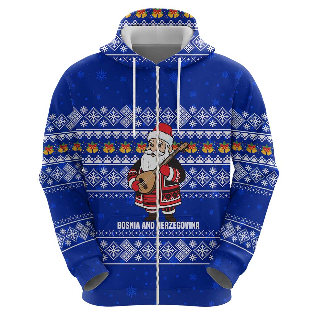 Bosnia and Herzegovina Christmas Hoodie with Santa Playing Traditional Instrument and Blue Snowflake Pattern - Wonder Print Shop