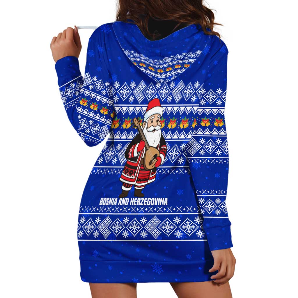 Bosnia and Herzegovina Christmas Hoodie Dress with Santa Playing Traditional Instrument and Blue Snowflake Pattern - Wonder Print Shop