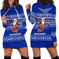 Bosnia and Herzegovina Christmas Hoodie Dress with Santa Playing Traditional Instrument and Blue Snowflake Pattern - Wonder Print Shop