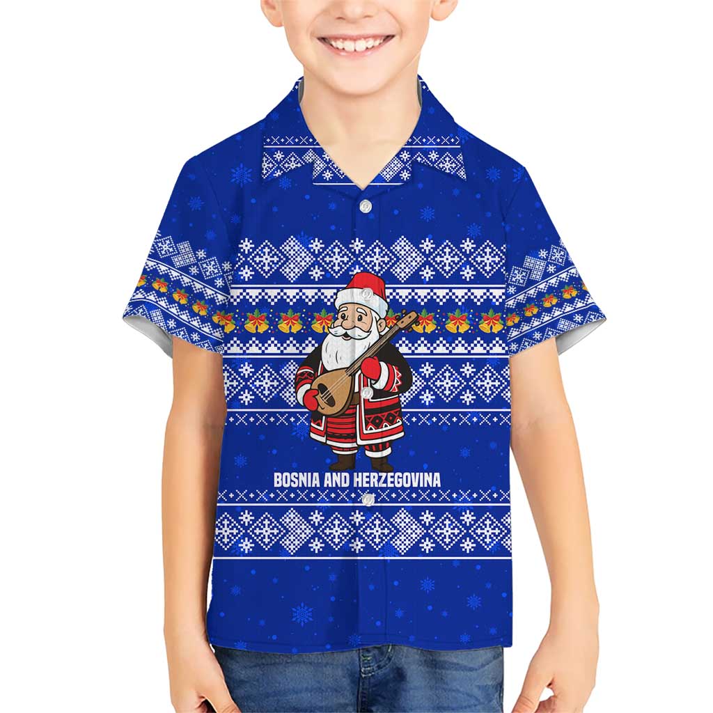 Bosnia and Herzegovina Christmas Kid Hawaiian Shirt with Santa Playing Traditional Instrument and Blue Snowflake Pattern - Wonder Print Shop