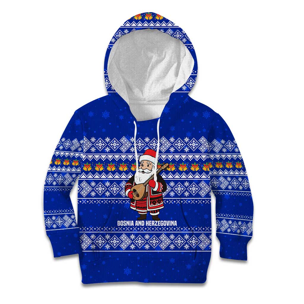 Bosnia and Herzegovina Christmas Kid Hoodie with Santa Playing Traditional Instrument and Blue Snowflake Pattern - Wonder Print Shop