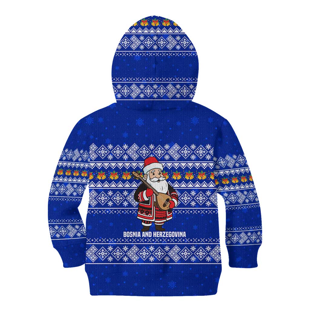 Bosnia and Herzegovina Christmas Kid Hoodie with Santa Playing Traditional Instrument and Blue Snowflake Pattern - Wonder Print Shop