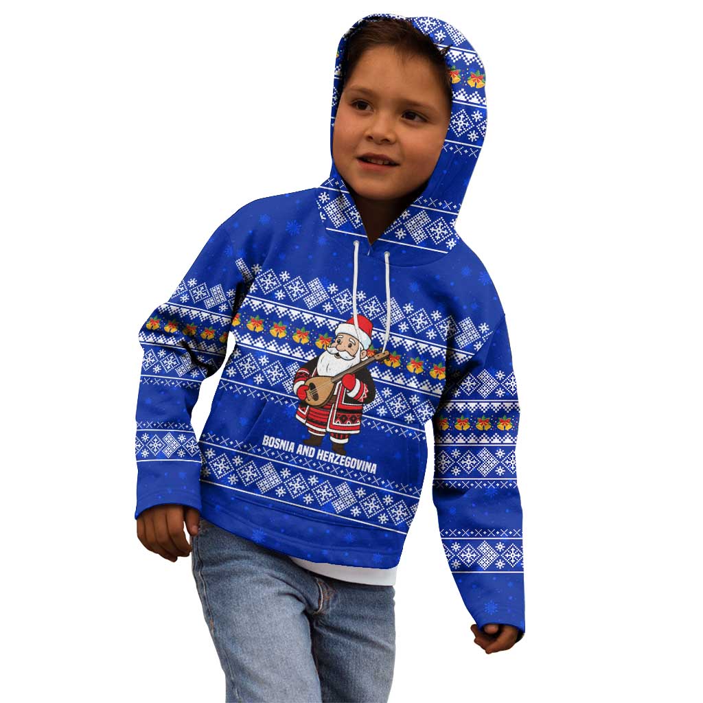 Bosnia and Herzegovina Christmas Kid Hoodie with Santa Playing Traditional Instrument and Blue Snowflake Pattern - Wonder Print Shop