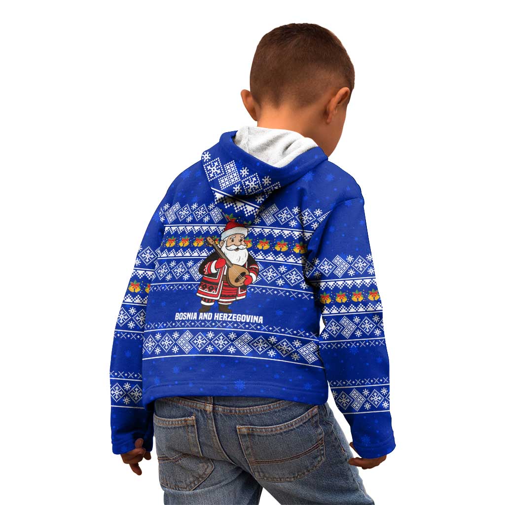 Bosnia and Herzegovina Christmas Kid Hoodie with Santa Playing Traditional Instrument and Blue Snowflake Pattern - Wonder Print Shop
