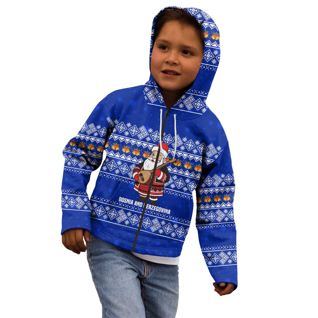 Bosnia and Herzegovina Christmas Kid Hoodie with Santa Playing Traditional Instrument and Blue Snowflake Pattern - Wonder Print Shop