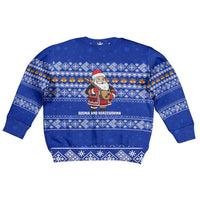 Bosnia and Herzegovina Christmas Kid Ugly Christmas Sweater with Santa Playing Traditional Instrument and Blue Snowflake Pattern - Wonder Print Shop