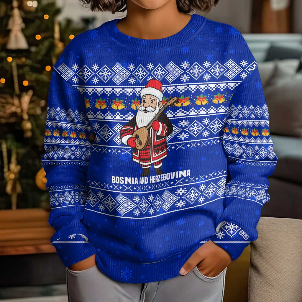 Bosnia and Herzegovina Christmas Kid Ugly Christmas Sweater with Santa Playing Traditional Instrument and Blue Snowflake Pattern - Wonder Print Shop