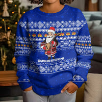 Bosnia and Herzegovina Christmas Kid Ugly Christmas Sweater with Santa Playing Traditional Instrument and Blue Snowflake Pattern - Wonder Print Shop