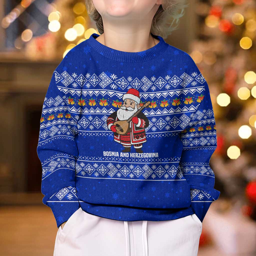 Bosnia and Herzegovina Christmas Kid Ugly Christmas Sweater with Santa Playing Traditional Instrument and Blue Snowflake Pattern - Wonder Print Shop