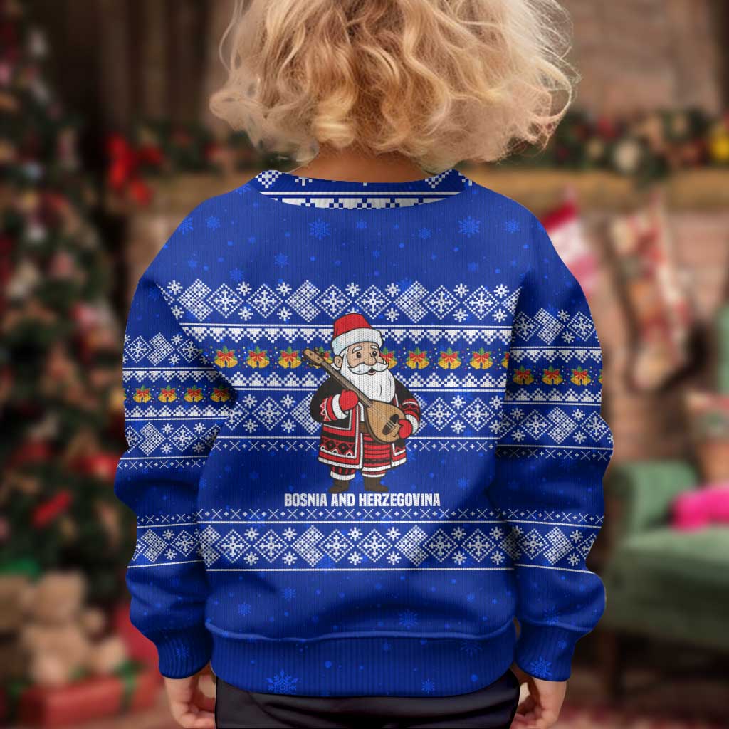 Bosnia and Herzegovina Christmas Kid Ugly Christmas Sweater with Santa Playing Traditional Instrument and Blue Snowflake Pattern - Wonder Print Shop