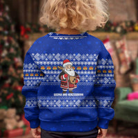 Bosnia and Herzegovina Christmas Kid Ugly Christmas Sweater with Santa Playing Traditional Instrument and Blue Snowflake Pattern - Wonder Print Shop