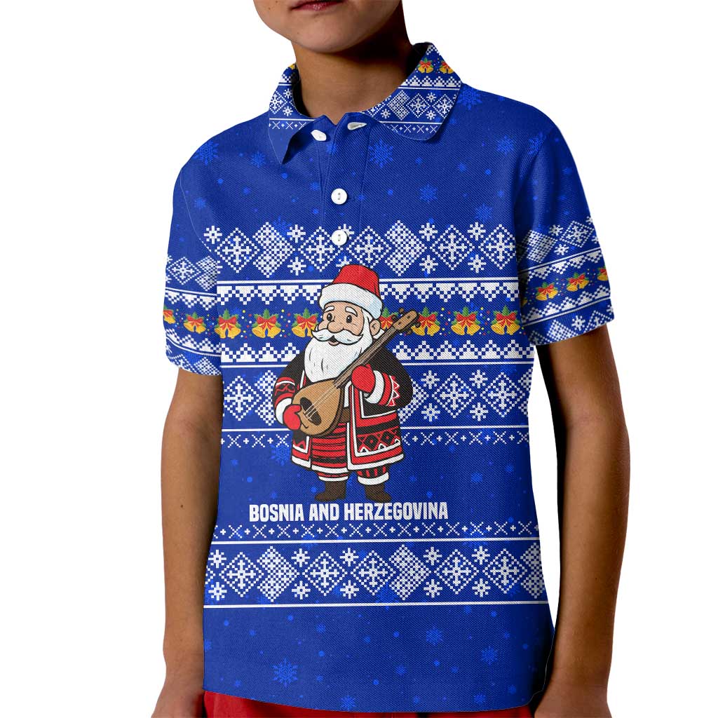 Bosnia and Herzegovina Christmas Kid Polo Shirt with Santa Playing Traditional Instrument and Blue Snowflake Pattern - Wonder Print Shop
