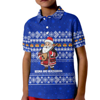 Bosnia and Herzegovina Christmas Kid Polo Shirt with Santa Playing Traditional Instrument and Blue Snowflake Pattern - Wonder Print Shop