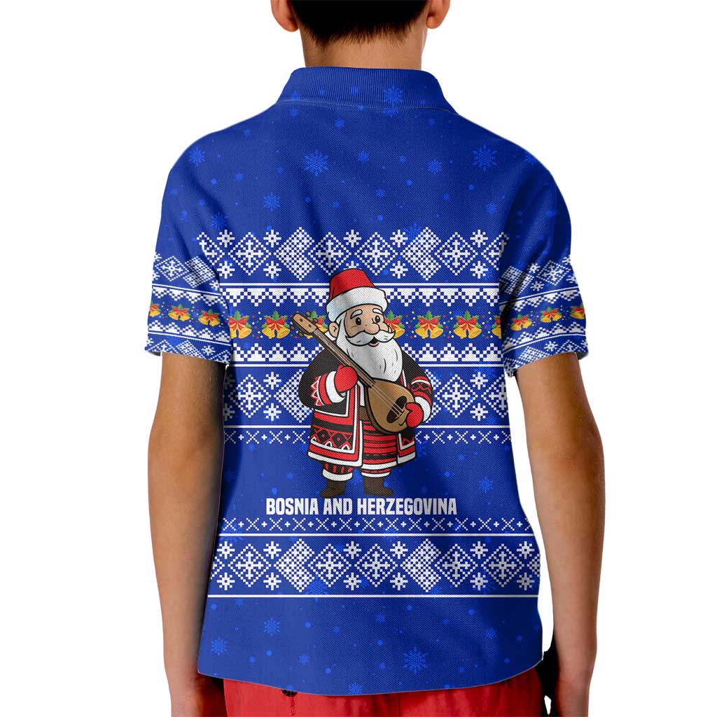 Bosnia and Herzegovina Christmas Kid Polo Shirt with Santa Playing Traditional Instrument and Blue Snowflake Pattern - Wonder Print Shop
