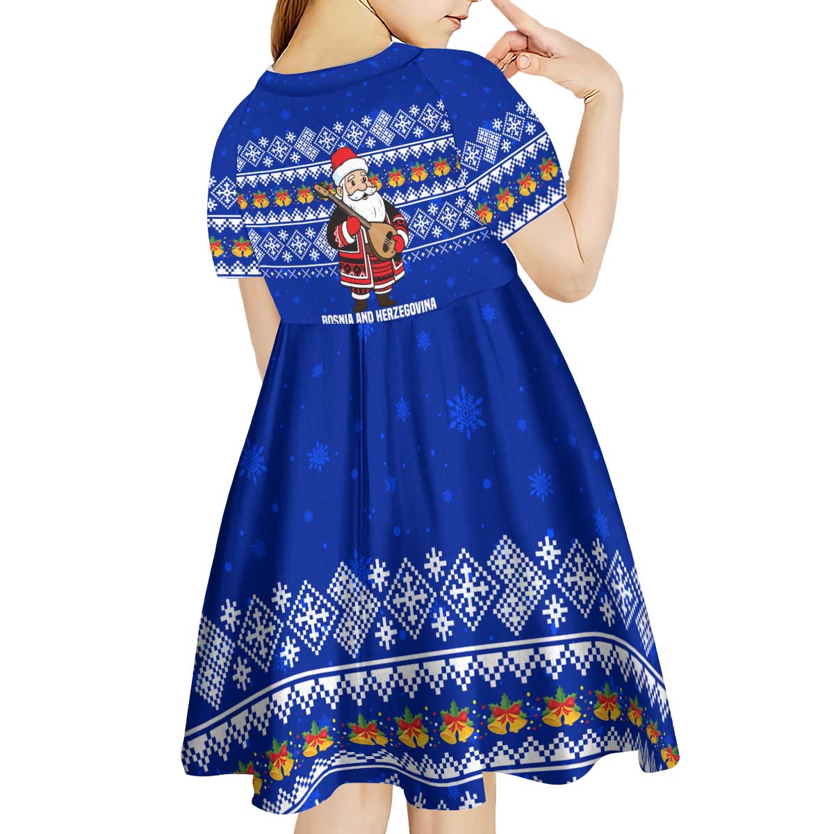Bosnia and Herzegovina Christmas Kid Short Sleeve Dress with Santa Playing Traditional Instrument and Blue Snowflake Pattern - Wonder Print Shop