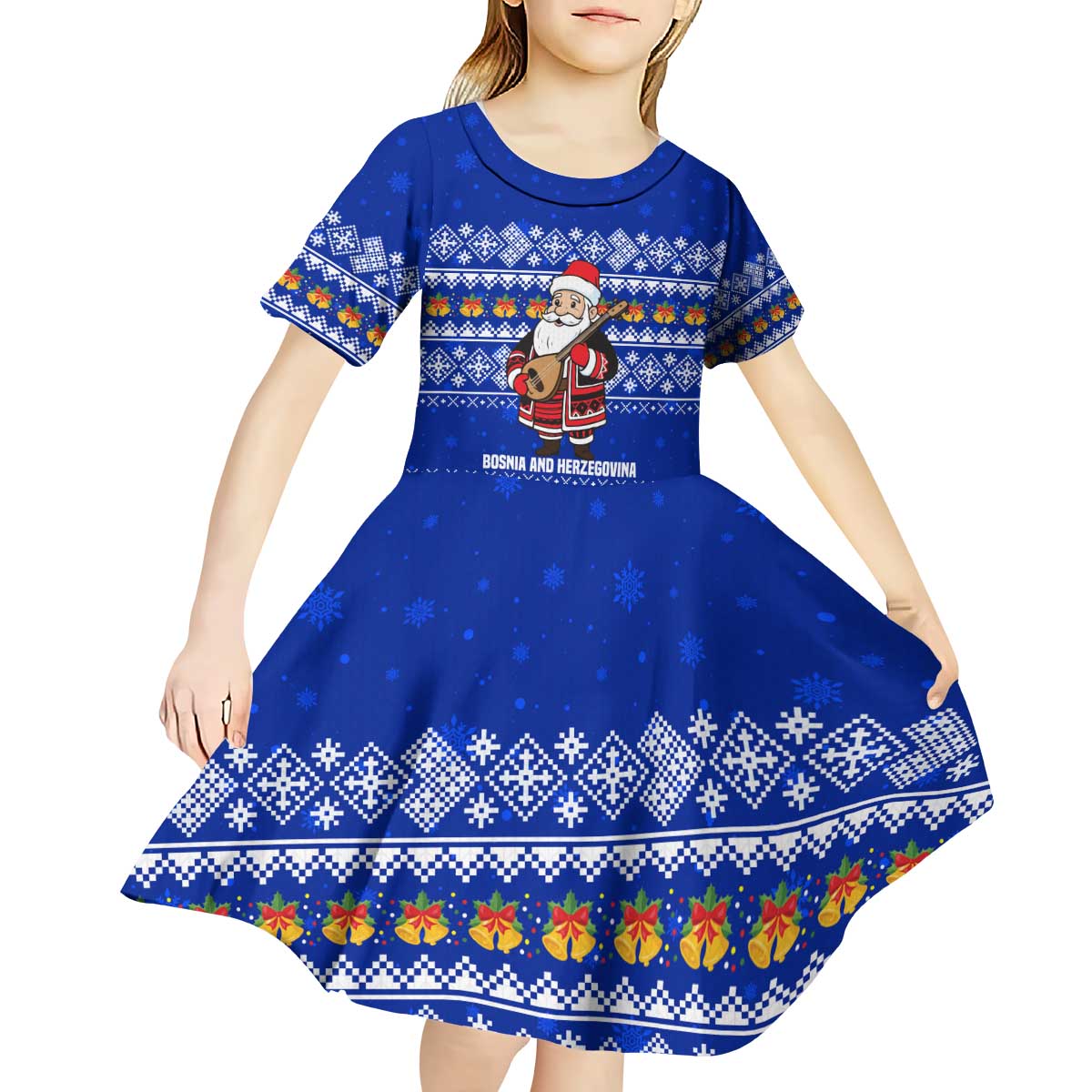 Bosnia and Herzegovina Christmas Kid Short Sleeve Dress with Santa Playing Traditional Instrument and Blue Snowflake Pattern - Wonder Print Shop
