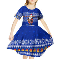 Bosnia and Herzegovina Christmas Kid Short Sleeve Dress with Santa Playing Traditional Instrument and Blue Snowflake Pattern - Wonder Print Shop
